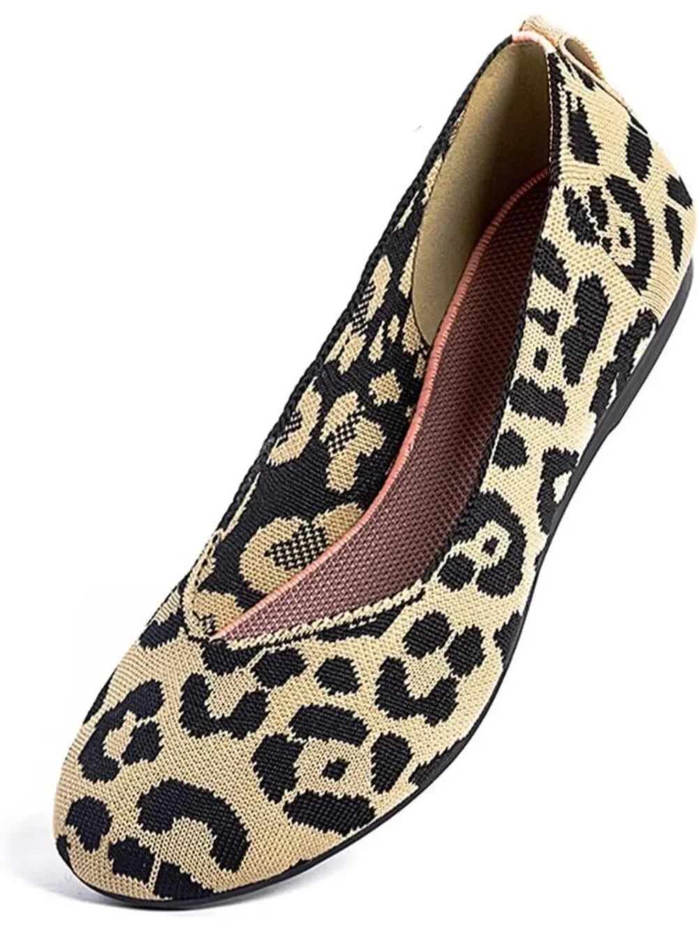 Women's Yellow Leopard Round Toe Low Wedge Slip On Ballerina Ballet Flat Shoes